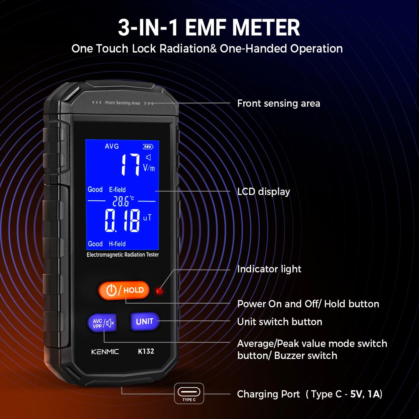 KENMIC K132 - EMF Meter, Rechargeable Digital Electromagnetic Field Radiation Detector