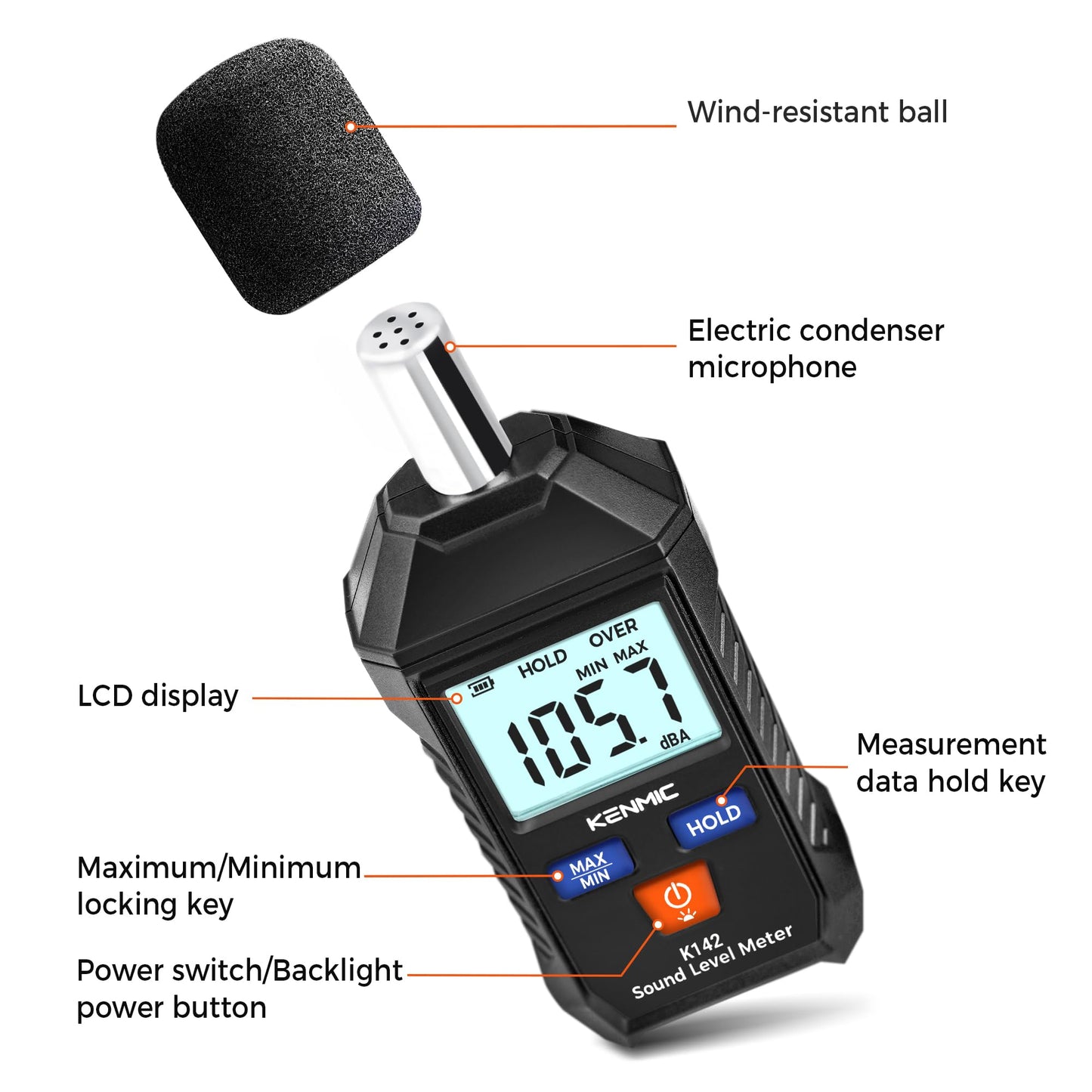 KENMIC K142-Digital Decibel Meter - Portable SPL Meter with Backlit LCD Display (35-130dB(A) Range)