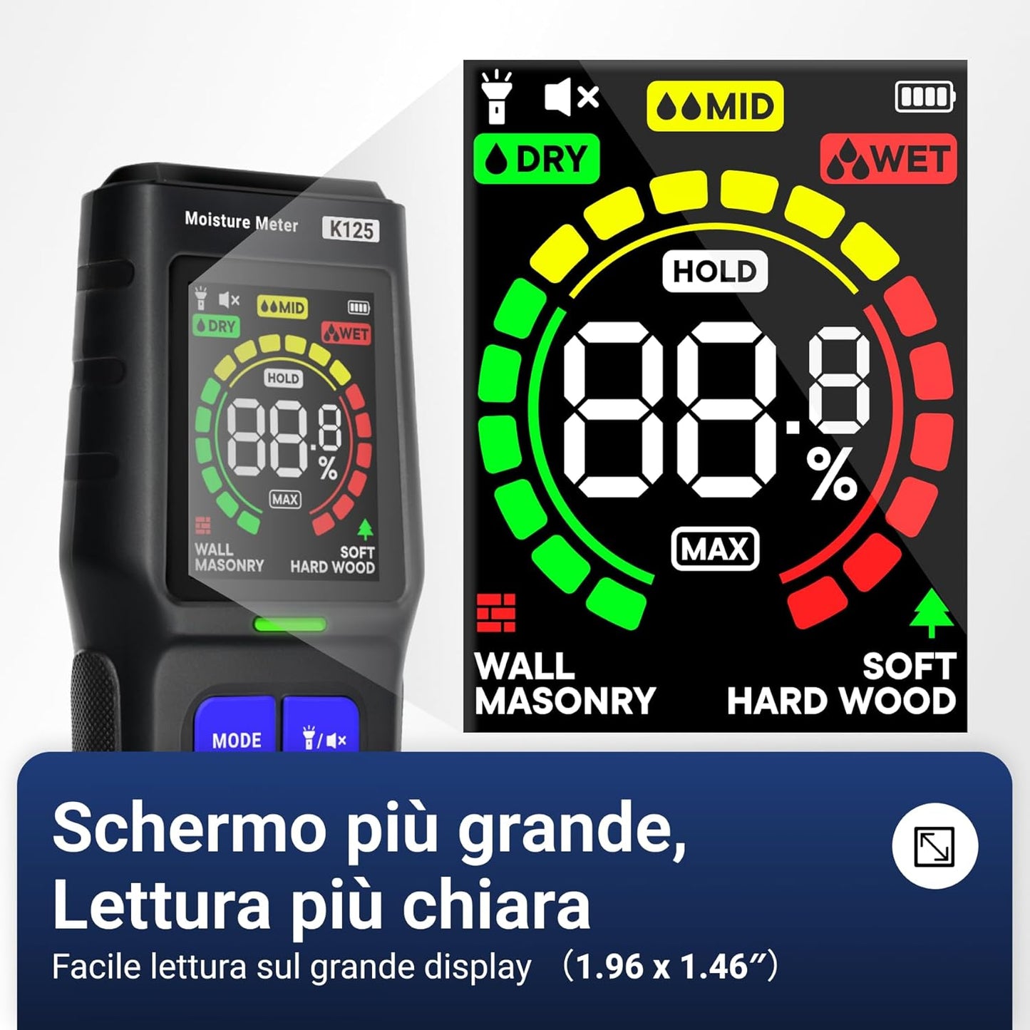 Pinless Moisture Meter for Non-Destructive Moisture Detection in Drywall, Wood, and Masonry, Detects up to 3/4-Inch Below Surface