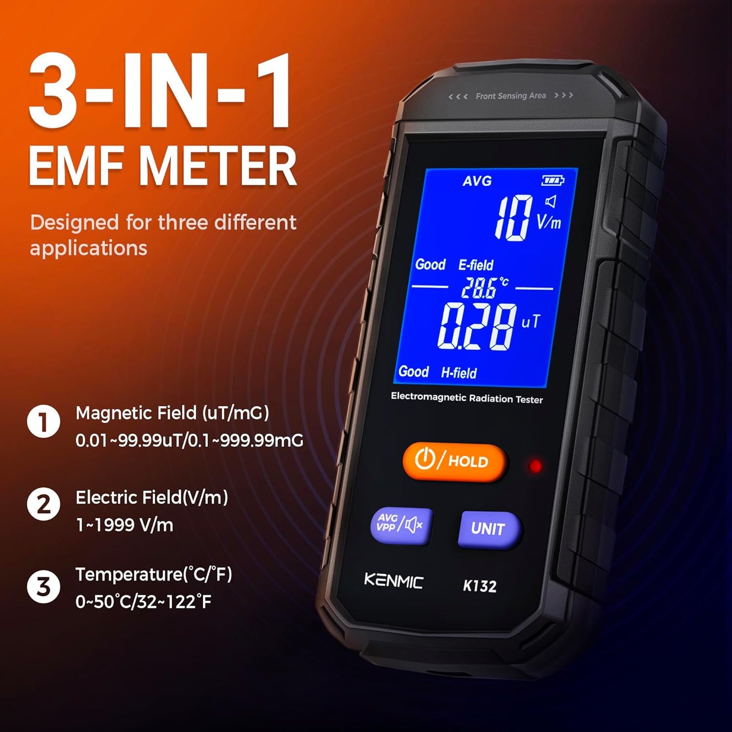 KENMIC K132 - EMF Meter, Rechargeable Digital Electromagnetic Field Radiation Detector
