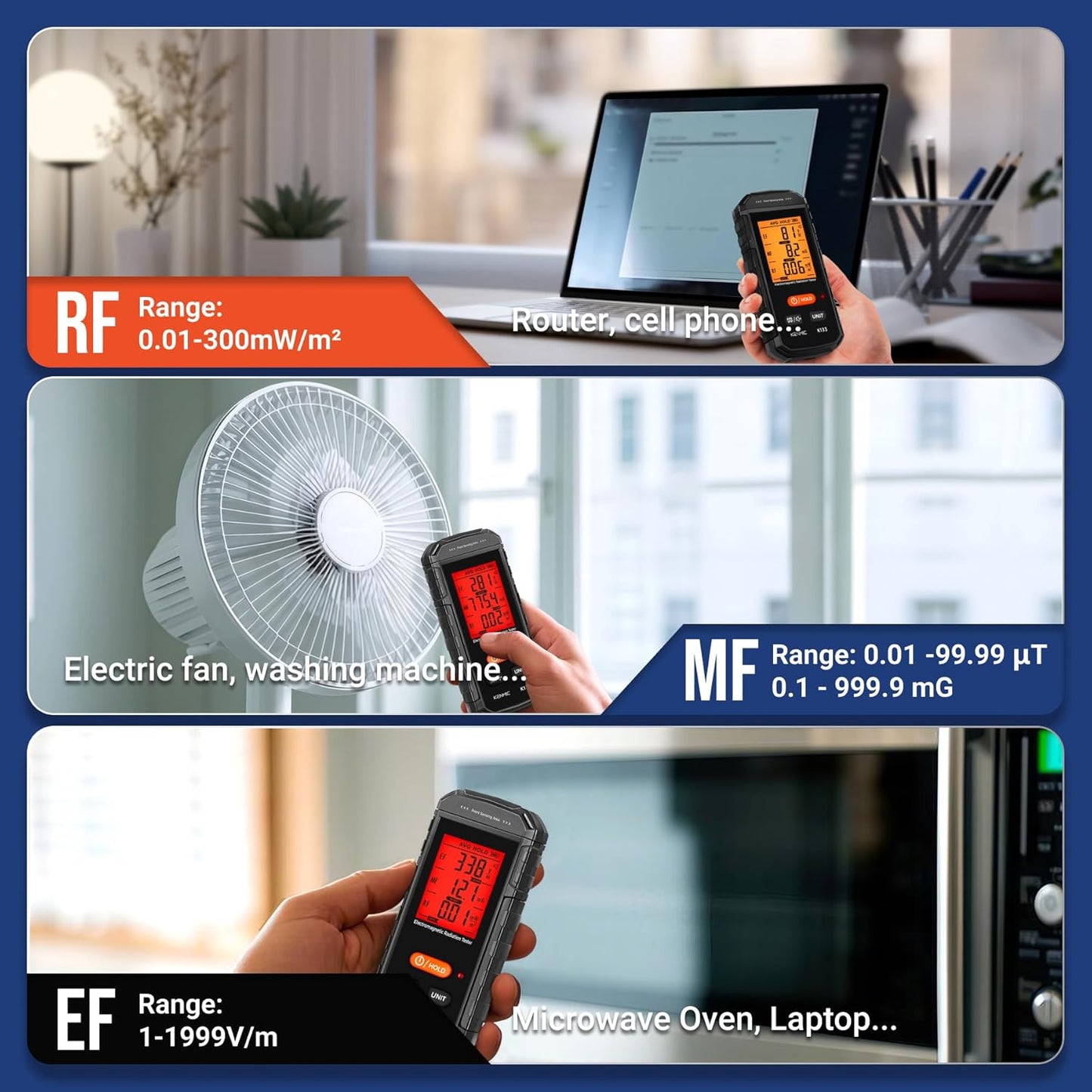 EMF Meter, EMF Detector 3-in-1 Portable Electromagnetic Field Radiation Detector for EF, RF, MF, WiFi Signal, Suitable for Home, Office EMF Inspections and Ghost Hunting