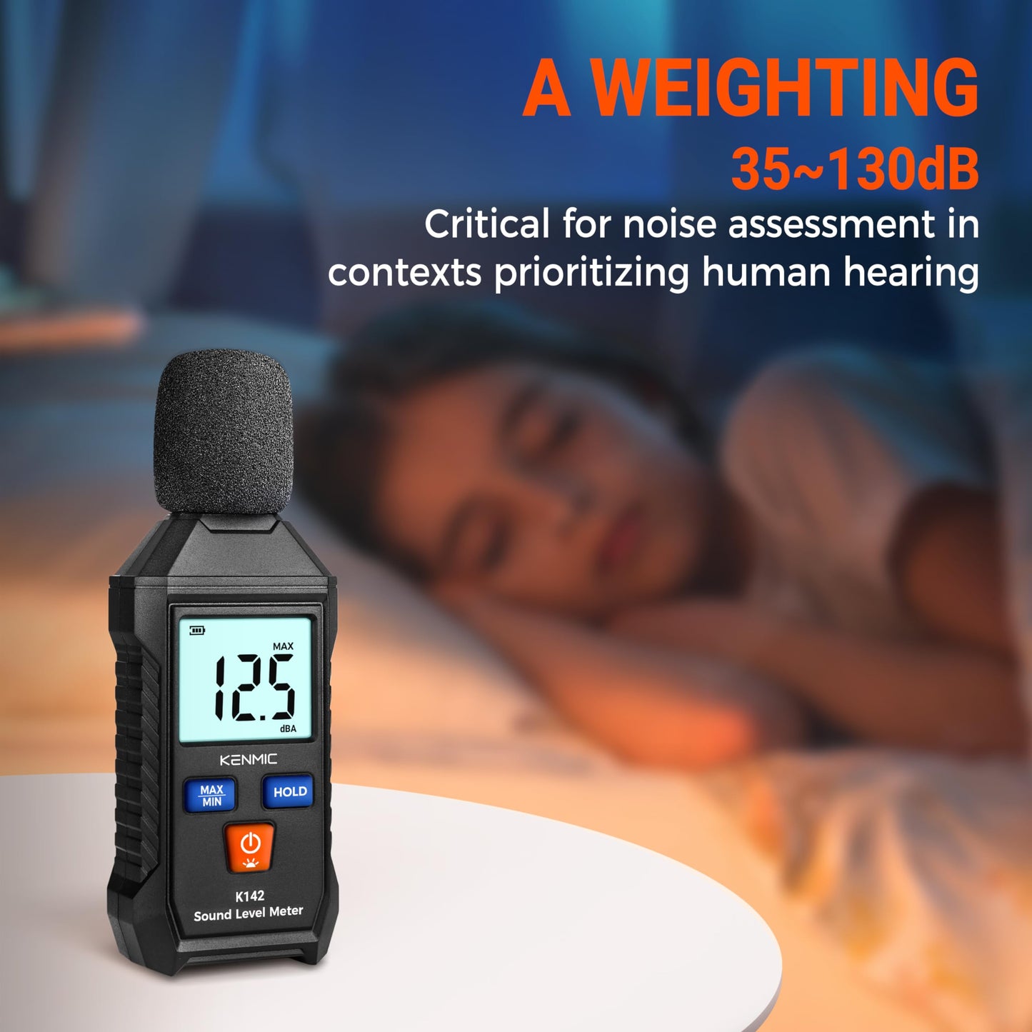 KENMIC K142-Digital Decibel Meter - Portable SPL Meter with Backlit LCD Display (35-130dB(A) Range)