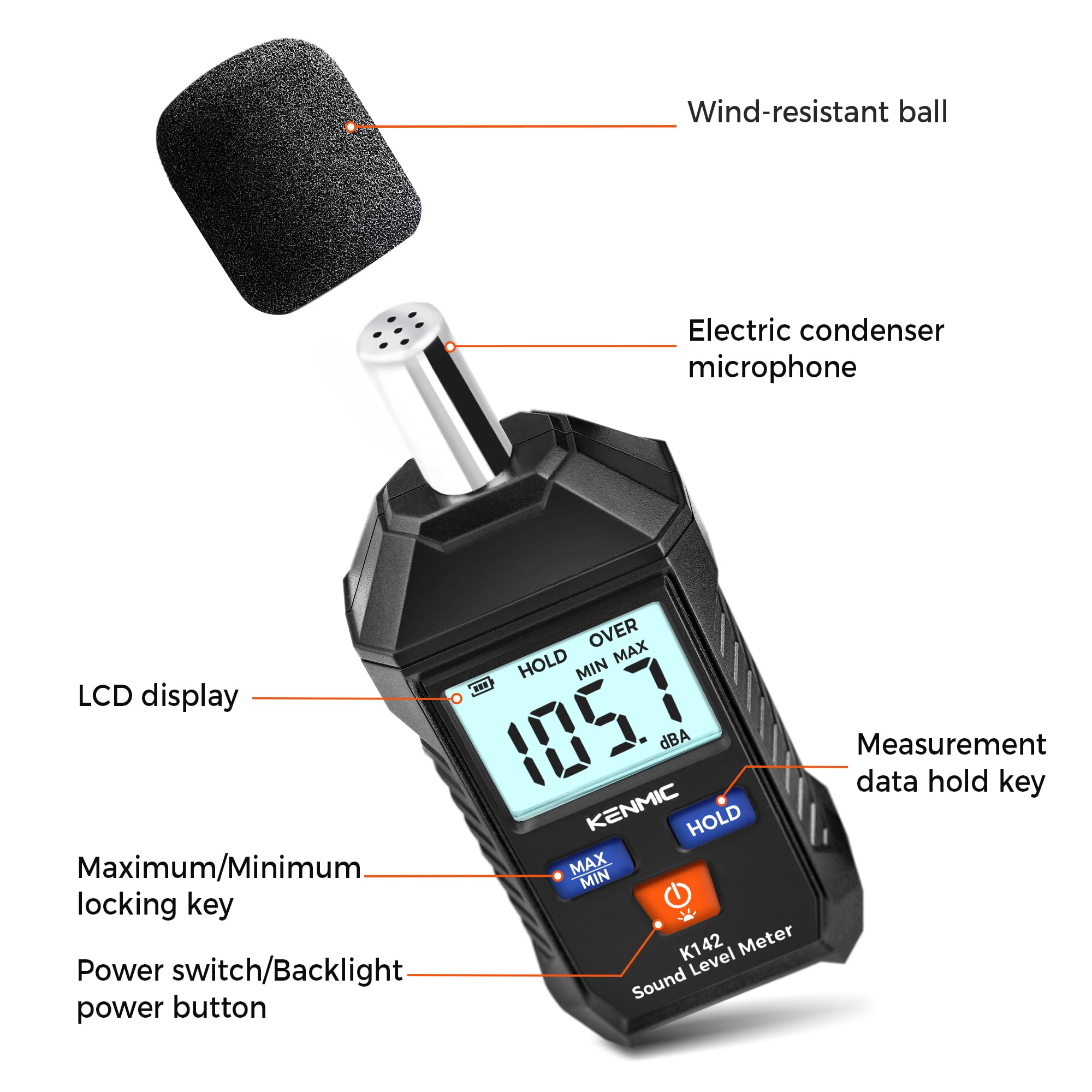 KENMIC K142-Digital Decibel Meter - Portable SPL Meter with Backlit LC