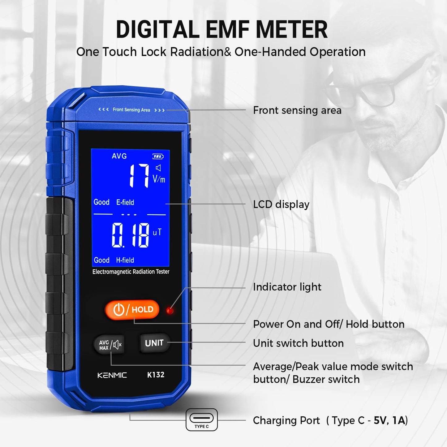 Rechargeable EMF Meter, Handheld Electromagnetic Field Detector with Digital LCD, Suitable for Home and Outdoors EMF Inspections, and Ghost Hunting - Blue